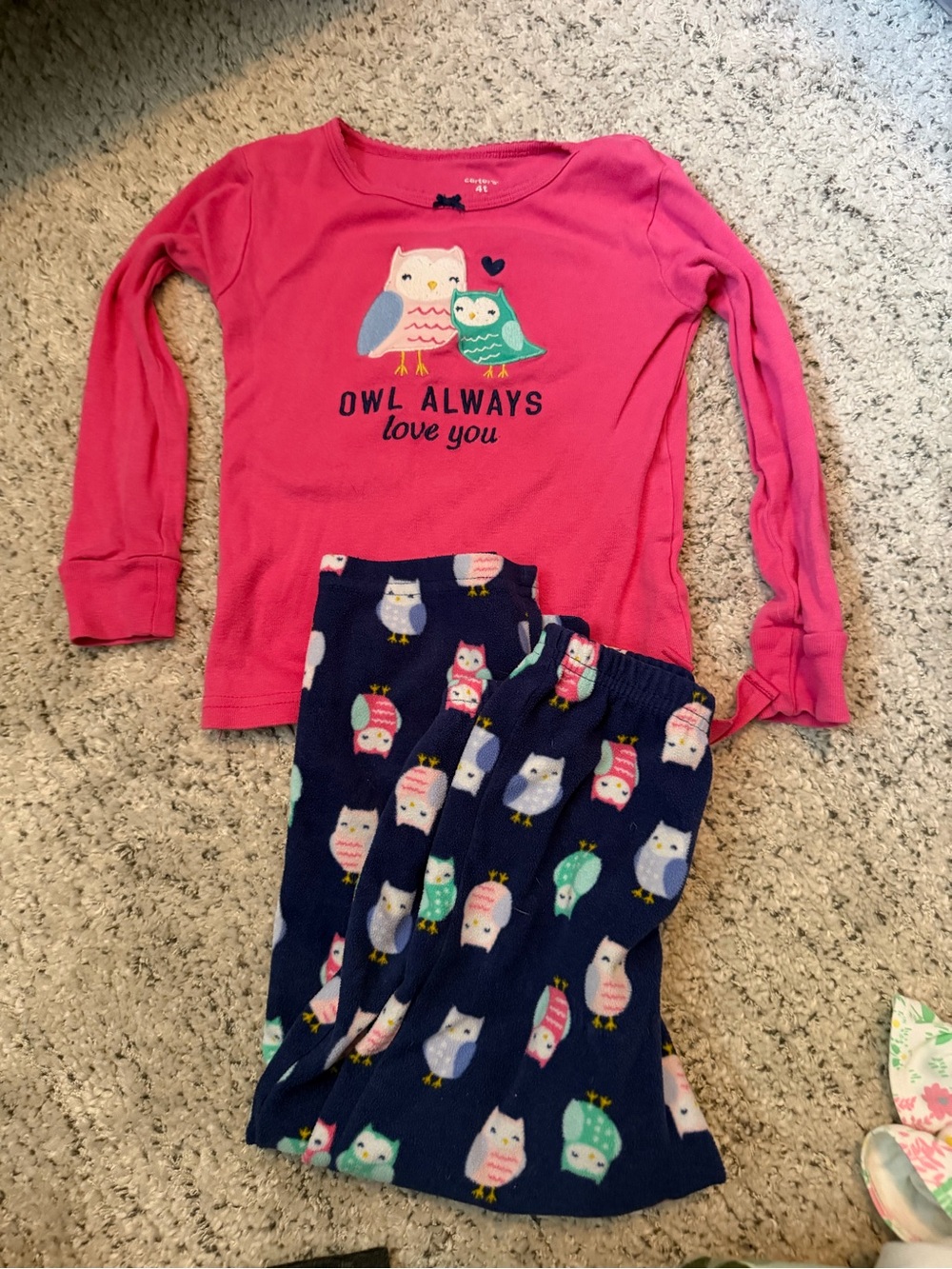 Carter's Pink Long-Sleeve Owl Pajama Set with Navy Owl Print Pants fleece size 4